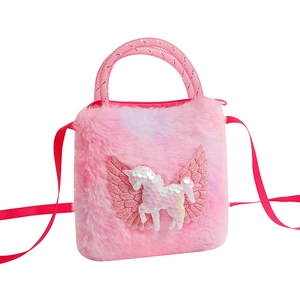 Detail of pink plush unicorn crossbody bag with sequin pegasus and glitter wings