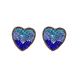 Vintage style heart earrings with blue gradient rhinestones and bronze beaded edges
