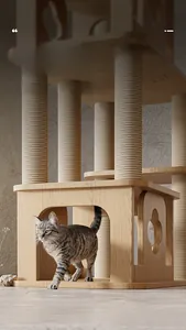 Detail of multi-level solid wood cat tree with sisal scratching posts and cozy cat house