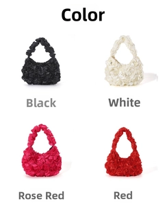 Detail view of 3D rose flower handbags in black, white, rose red, and red satin fabric