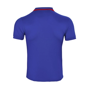 Rear view of dark blue polo shirt featuring contrasting red stripes on the collar