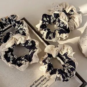 Retro Embroidery Flower Scrunchie Lace Patchwork Cotton Linen Hair Tie Vintage Daisy Floral Large Hair Ring For Women