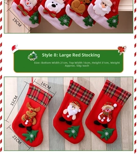 Detail of red Christmas stockings featuring Santa, reindeer, and snowman plush designs