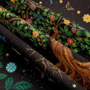 Detailed view of the Tree of Life tapestry fabric texture with nature-themed floral print