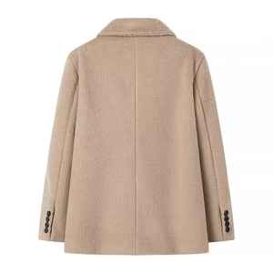 Detail view of khaki wool coat back showing the sleeve cuffs with four decorative buttons