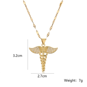 Gold caduceus pendant necklace with wings and snakes, height 3.2cm, 7g weight