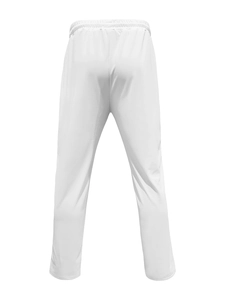 Rear view of white men's leisure pants featuring a modern cut and high-quality polyester fabric