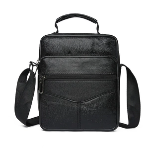Business leather messenger bag for men with litchi texture and top handle in black color