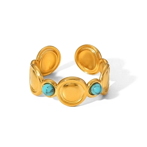 Retro gold-plated stainless steel open ring featuring circular turquoise stone inlays