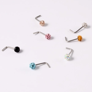Detailed set of 20G stainless steel L-shaped nose studs with multi-color crystal balls
