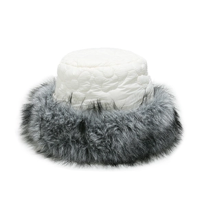 Winter quilted floral bucket hat with grey faux fox fur trim and warm lining