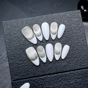 Minimalist silver cat-eye and creamy white French almond press-on nails set