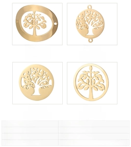 Detailed view of four golden stainless steel hollow tree of life pendants with size specs