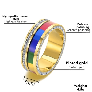 Detail of a 7mm gold stainless steel ring featuring colorful enamel and white crystals