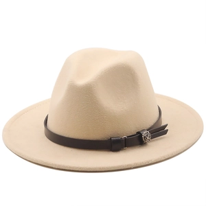 Detail of beige wool fedora featuring a black leather band and antique silver metal buckle