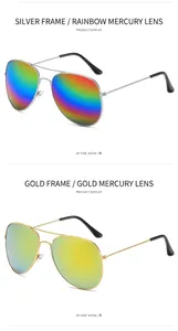 Detail view of aviator sunglasses with silver and gold metal frames and mirrored lenses