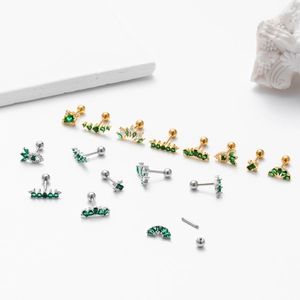 Green zircon crown stainless steel ear studs set in gold and silver finish piercing