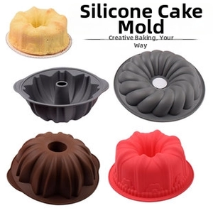 Food grade silicone cake molds in various shapes including spiral and pumpkin patterns