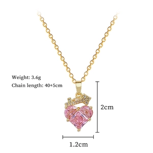 Detailed size view of gold heart necklace with pink stone, 40+5cm chain, 3.6g weight