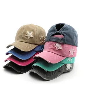 Vintage Washed Cotton Baseball Cap With Distressed Star Patch And Ponytail Hole Adjustable Retro Sun Hat For Women Men
