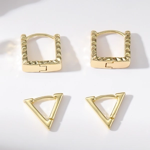 Golden geometric earring set with textured rectangle and smooth triangle hoops