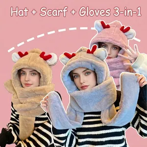 3-in-1 plush winter hooded scarf with deer ears and antlers in khaki grey and pink