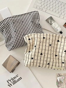 Makeup Bag Large Capacity Polyester Canvas Portable Toiletry Storage Pouch For Women Ins Style Plaid Heart Pattern Zippered Organizer