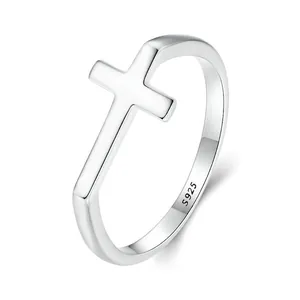 925 Sterling Silver Minimalist Cross Ring For Women Oxidized Polished Religious Faith Band Finger Jewelry Fashion Accessories