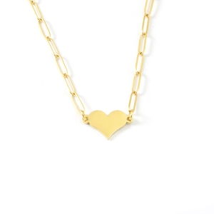 Golden paperclip chain necklace with a minimalist heart pendant on a white background