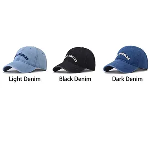 Washed denim baseball cap with Los Angeles embroidery in light blue, black, and dark blue