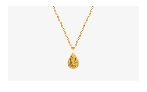 Macro shot of gold teardrop necklace with organic liquid metal texture and O-chain detail