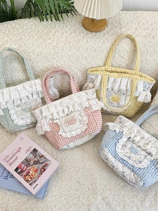 Quilted Gingham Handbag With Lace Trim Floral Bunny Print Sweet Korean Style Pastoral Tote Bag