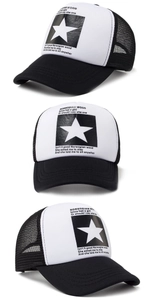 Detailed views of a black and white mesh trucker hat with star pattern and text