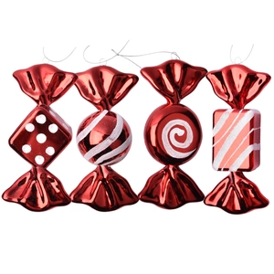 Set of 4 red and white glitter painted 18cm Christmas candy ornaments with silver strings