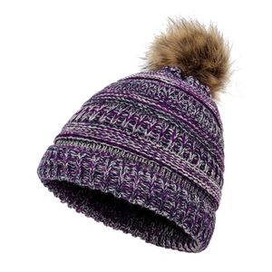 Winter knit beanie hat in purple and grey blend with a large brown faux fur pom-pom