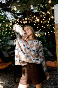 Detail of knit sweater showing argyle pattern with horse silhouettes in outdoor setting