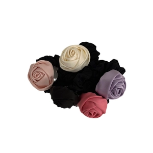 Set of five elegant satin rose hair ties in beige pink purple black and deep pink colors