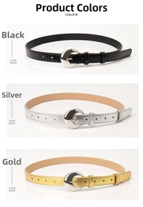 Close-up of stylish 2.4cm belts with crescent buckles in black, silver and gold