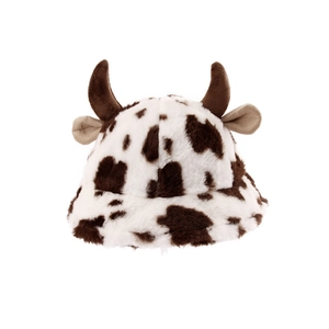 Cute plush cow print bucket hat with 3D horns and ears for winter warmth