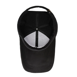 Black cotton baseball cap with adjustable metal buckle and durable six-panel structure