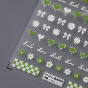 Stickers à ongles 5D en relief avec motifs de papillons verts et fleurs sourire TS-2902