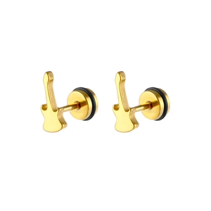 Detailed close-up of gold electric guitar stud earrings with polished metallic finish