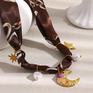 Retro 18K gold plated necklace with silk scarf, moon star pendants and pearls