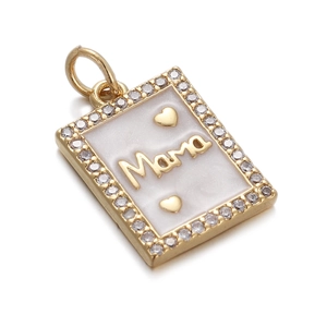 Close-up of a gold MAMA pendant with white mother of pearl and sparkling zircon border