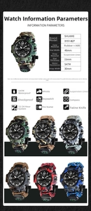 Detailed size chart for 5ATM waterproof outdoor survival watch with compass and tools