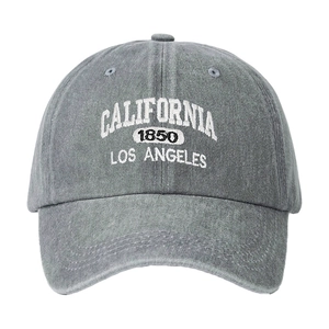 Washed grey denim baseball cap featuring vintage California 1850 Los Angeles embroidery
