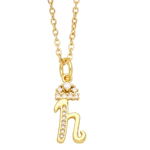Close-up of a gold-plated necklace with lowercase h pendant and crown with zircons