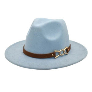 Detail of light blue wool fedora hat featuring a brown leather band and gold chain link