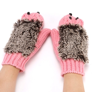 Cute hedgehog knitted gloves detail view, soft plush back and warm winter thermal design.