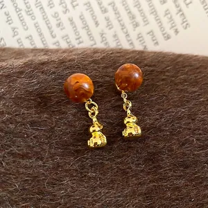 Boucles d'oreilles vintage en marbre ambre et gourde dorée avec aiguille en argent